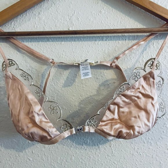 For Love & Lemons Skivvies Embroidered Pink Beige Bra Women's Size Medium - Picture 2 of 5